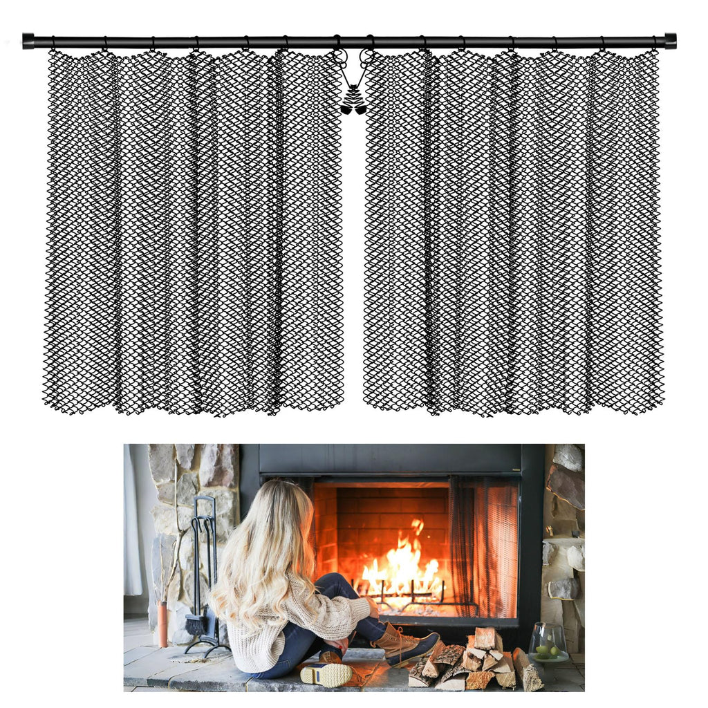 Fireplace Mesh Screen Curtain Kit with Adjustable Rod and Panels 19" H × 24" W Black Matte Y309