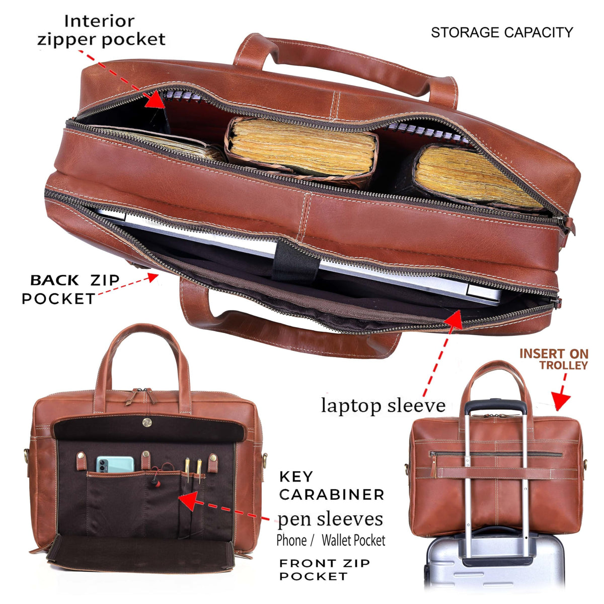 Full Grain Italian Leather Laptop Bag with Multiple Compartments Q895