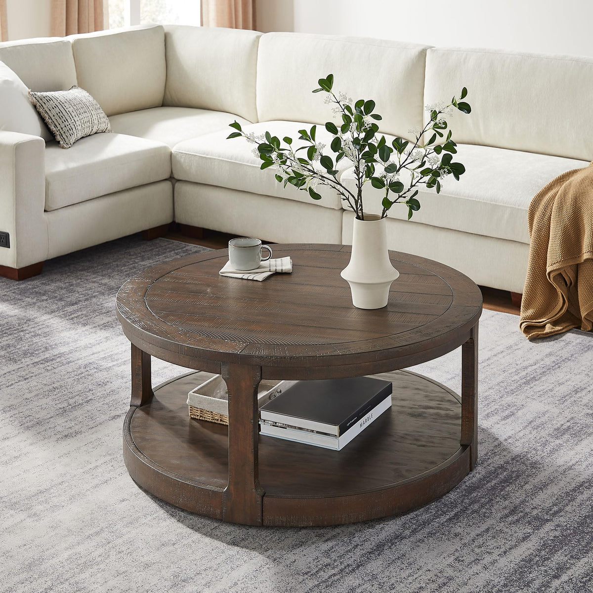 40" Round 2 Tier Solid Wood Coffee Table with Wheels S5552