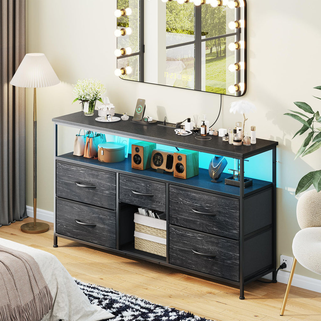Black TV Stand with LED & Outlets, 5-Drawer Storage I701151