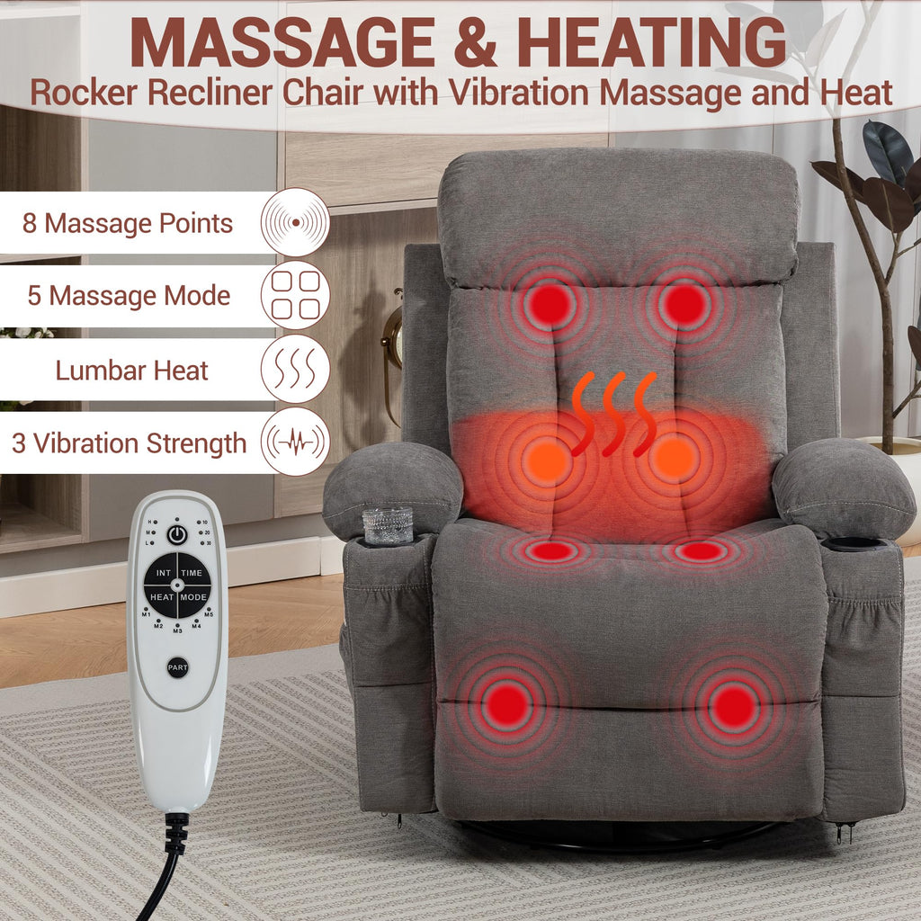 Grey Swivel Rocker Recliner with Massage and Heating F170