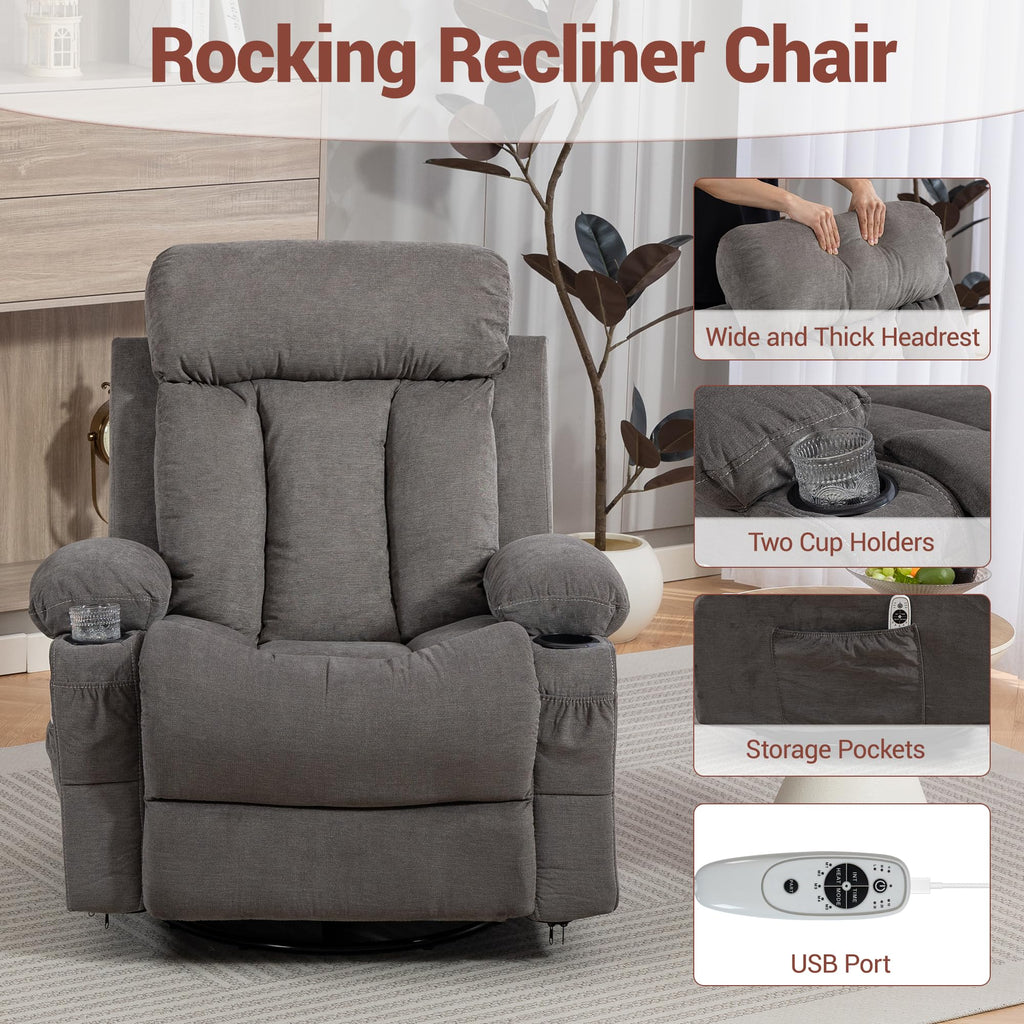 Grey Swivel Rocker Recliner with Massage and Heating F170