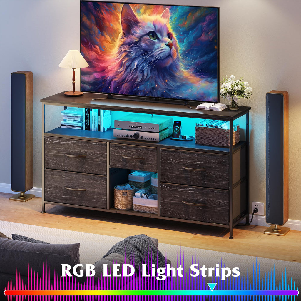 Black TV Stand with LED & Outlets, 5-Drawer Storage I701151