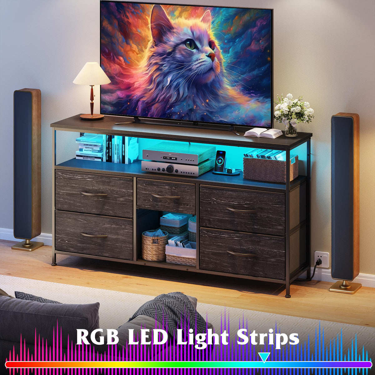 Black TV Stand with LED & Outlets, 5-Drawer Storage I701151