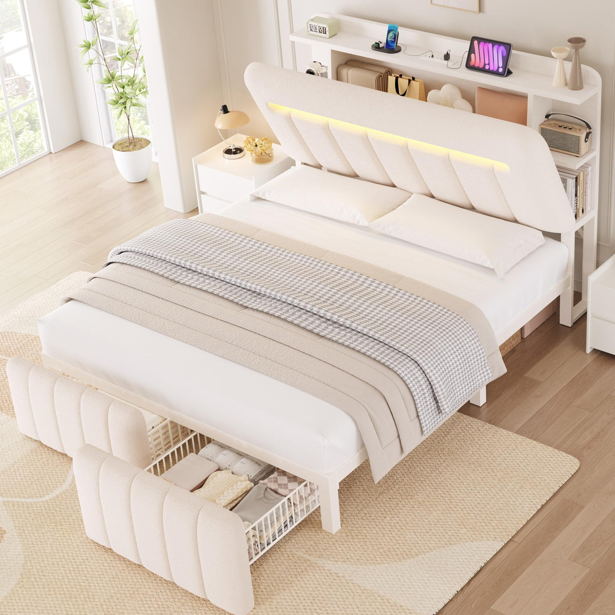 White Upholstered Storage Bed Frame Full Size with Drawers and Charging Station X85553