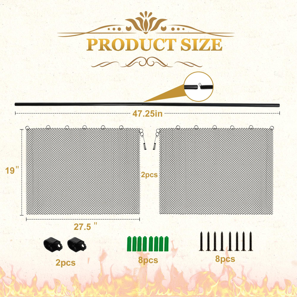 Fireplace Mesh Screen Curtain Kit with Adjustable Rod and Panels 19" H × 24" W Black Matte Y309