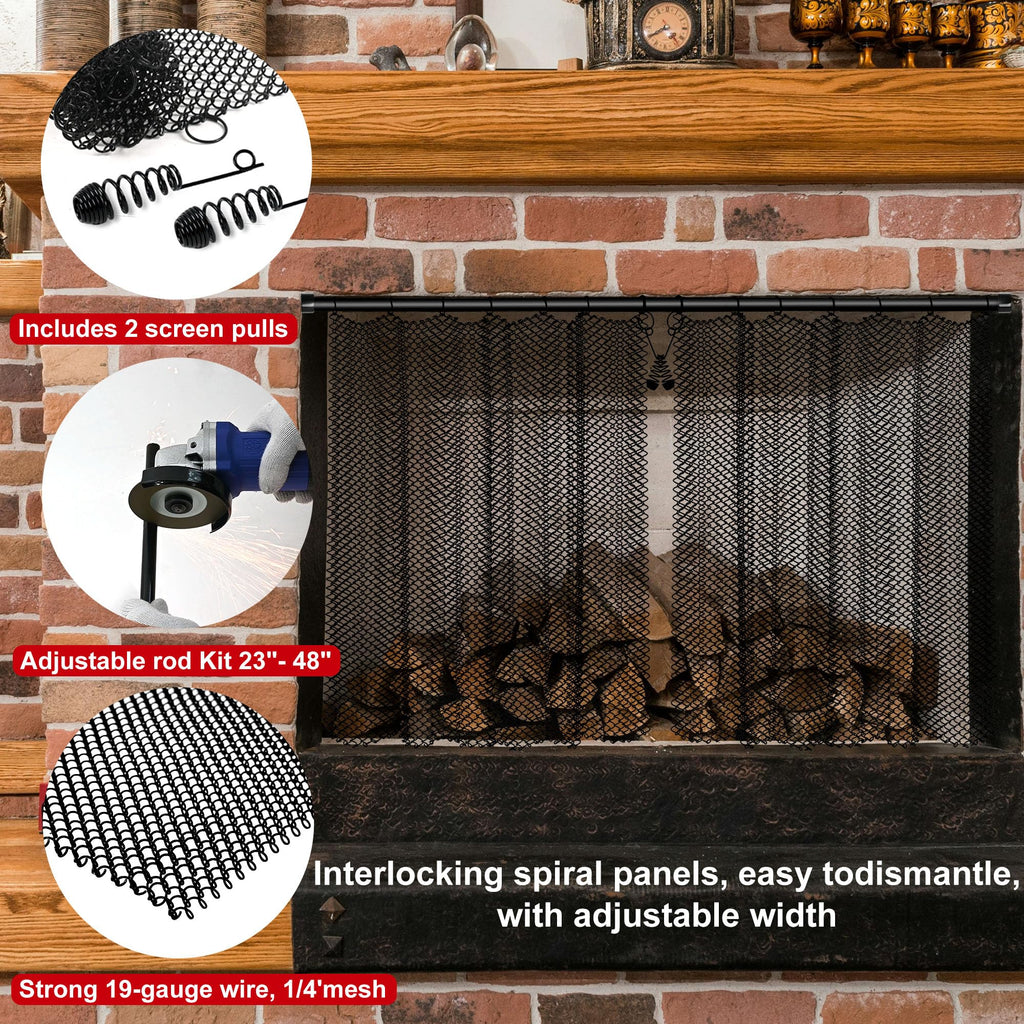 Fireplace Mesh Screen Curtain Kit with Adjustable Rod and Panels 19" H × 24" W Black Matte Y309